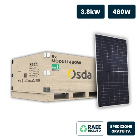 Set 3.8kW con 8 Pannelli Solari Fotovoltaici Moduli 480W OSDA Solar TIER-1 Monocristallino N-Type TOPCon Silver Frame IP67/IP68 