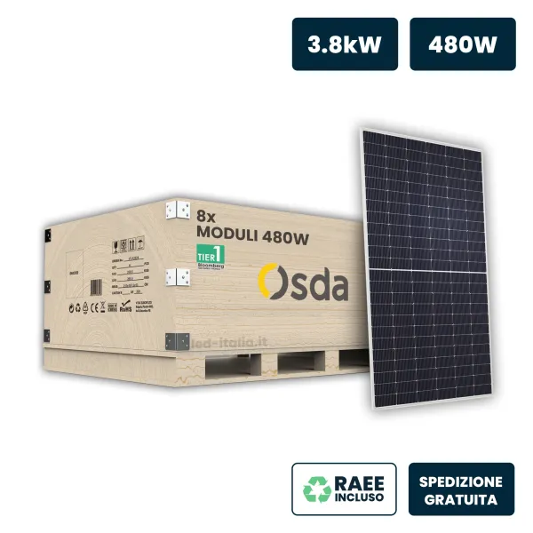 Set 3.8kW con 8 Pannelli Solari Fotovoltaici Moduli 480W OSDA Solar TIER-1 Monocristallino N-Type TOPCon Silver Frame IP67/IP68 
