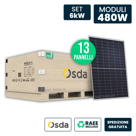 Set 6.24kW con 13 Pannelli Solari Fotovoltaici Moduli 480W OSDA Solar TIER-1 Monocristallino N-Type TOPCon Silver Frame IP67/IP6