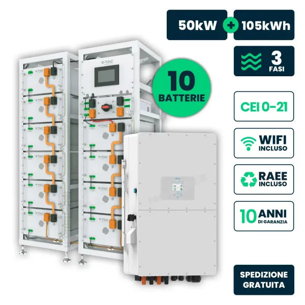KIT Fotovoltaico Alta Tensione con Inverter Trifase Ibrido Deye 50kW, Accumulo 105.4kWh LFP, HV Box BMS Armadio Rack IP20 WiFi T
