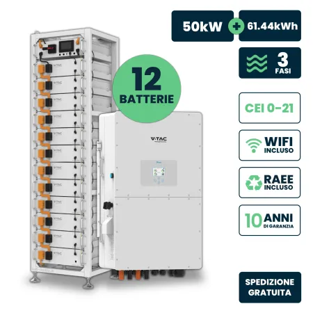 KIT Fotovoltaico Alta Tensione con Inverter Trifase Ibrido Deye 50kW, Accumulo 61.44kWh LFP, HV Box BMS Armadio Rack IP20 WiFi T