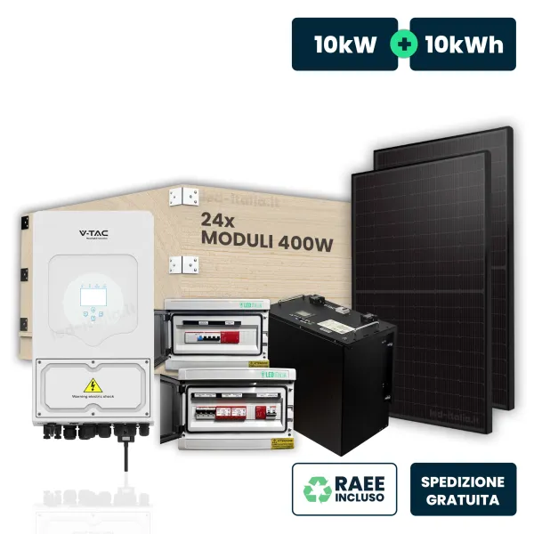 KIT Fotovoltaico Trifase 10kW con Inverter Ibrido, 24 Moduli 440W (10.32kW) Full Black con Accumulo LFP 10kWh e Quadri DC 2/2 e 