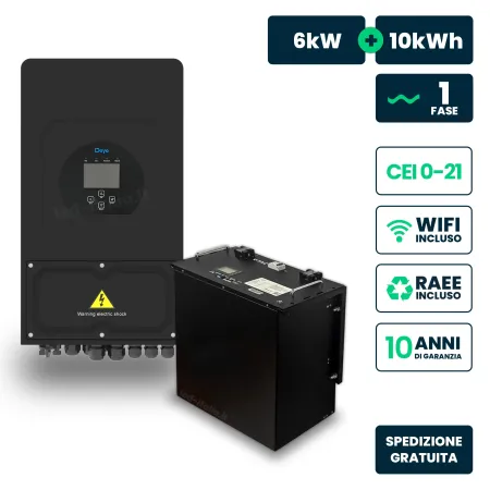 Kit Fotovoltaico Monofase 6kW con Inverter Ibrido Deye nero e Batteria LiFePO4 10kWh, Doppio MPPT, CEI 0-21, WiFi, Garanzia 10 A