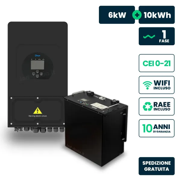 Kit Fotovoltaico Monofase 6kW con Inverter Ibrido Deye nero e Batteria LiFePO4 10kWh, Doppio MPPT, CEI 0-21, WiFi, Garanzia 10 A