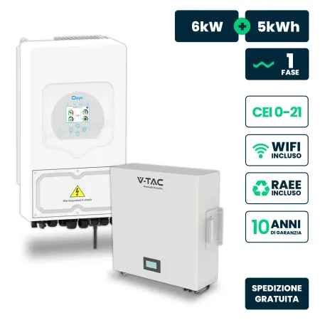 Kit Fotovoltaico Monofase 5kW con Inverter Ibrido Deye e Batteria LiFePO4 5kWh, Doppio MPPT, CEI 0-21, WiFi, Garanzia 10 Anni (1