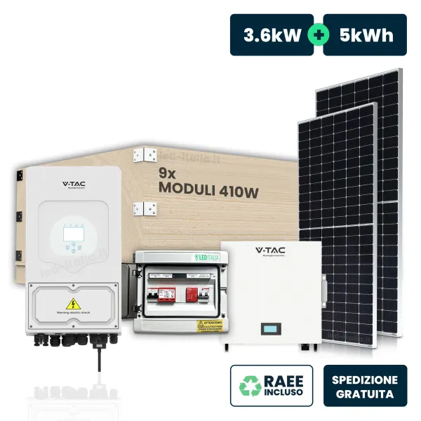 KIT Fotovoltaico Monofase 3.6kW con Inverter Ibrido Deye, 9 Moduli 440W (3.87kW) Full Black con Accumulo LFP 5kWh CEI 0-21 Quadr