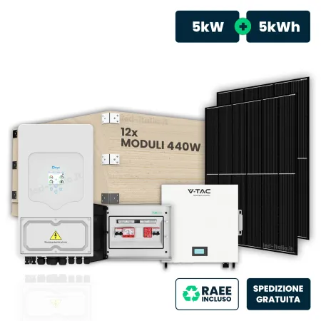 KIT Fotovoltaico Monofase 5kW con Inverter Ibrido Deye, 12 Moduli 440W (5.16kW) Full Black con Accumulo LFP 5kWh CEI 0-21 Quadri