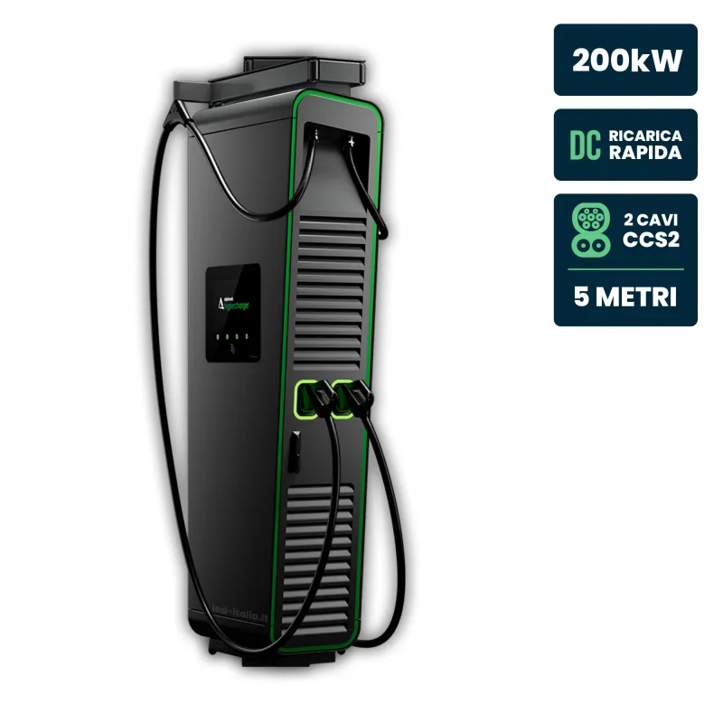 Hypercharger DC 2x100kW Doppio Cavo 5m IP55 IK10 Display Colori 15.6" e RFID