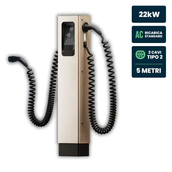 Colonnina di Ricarica Urban T 2x22kW Doppio Cavo 5m IP55 IK10 Display LCD e RFID