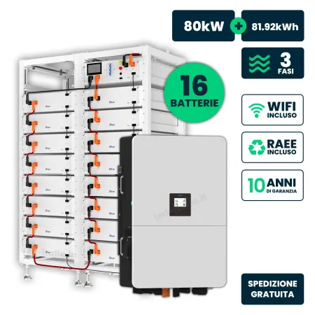 KIT Fotovoltaico Alta Tensione Trifase 80kW + 82kWh Inverter Ibrido Deye e Armadio di Accumulo LFP WiFi TA Garanzia 10 Anni