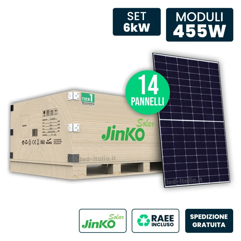 Set 6.37kW con 14 Pannelli Solari 455W JINKO TOPCon Black Frame 1762x1134x30mm