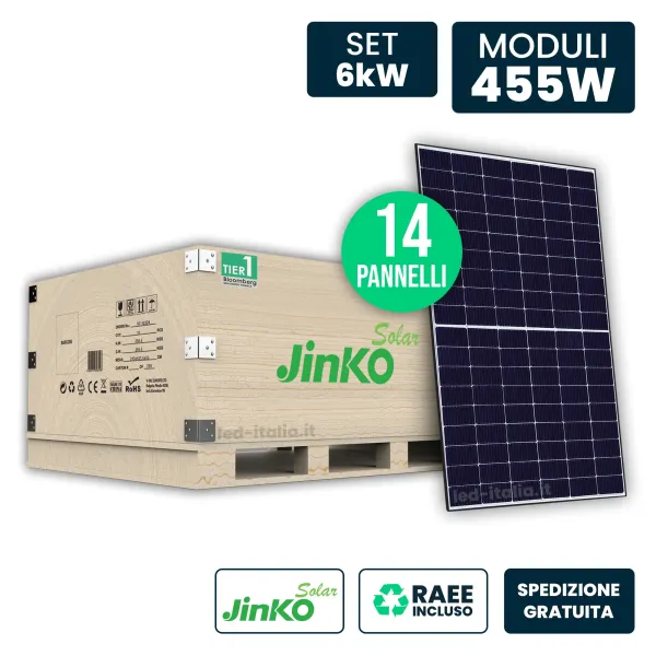 Set 6.37kW con 14 Pannelli Solari 455W JINKO TOPCon Black Frame 1762x1134x30mm