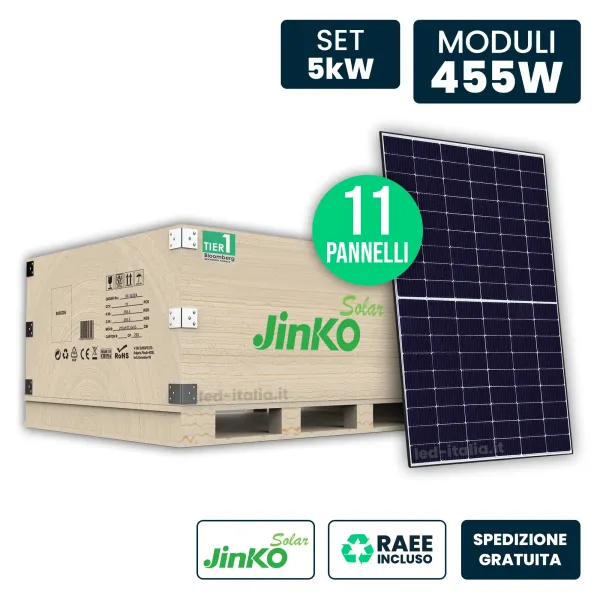 Set 5.9kW con 11 Pannelli Solari 455W JINKO TOPCon Black Frame 1762x1134x30mm