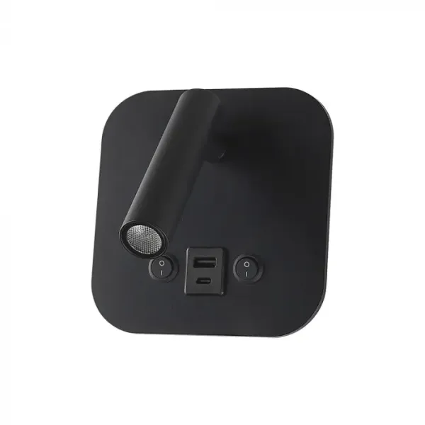 8W LED BEDSIDE LIGHT ALUMINUM+PC WITH CREE CHIP 3000K BLACK BODY IP20, USB/TYPE C CHARGING