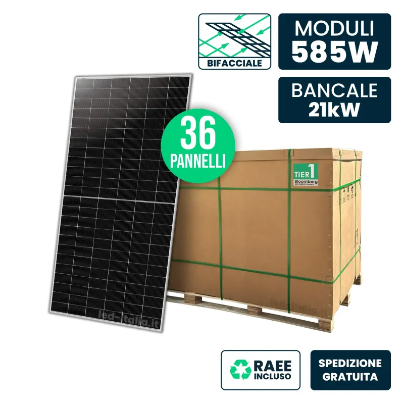 Bancale 21W con 36 Pannelli Solari 585W Bifacciale TIER-1 N-Type TOPCon Silver 2278x1134x30mm