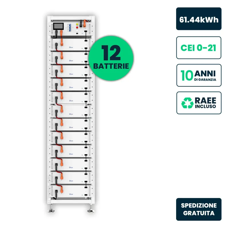 Kit Rack Accumulo HV Deye 61.44kWh LFP 614.4V 100Ah 125A BMS Bianco CEI 0-21