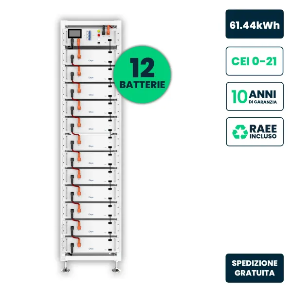 Kit Rack Accumulo HV Deye 61.44kWh LFP 614.4V 100Ah 125A BMS Bianco CEI 0-21