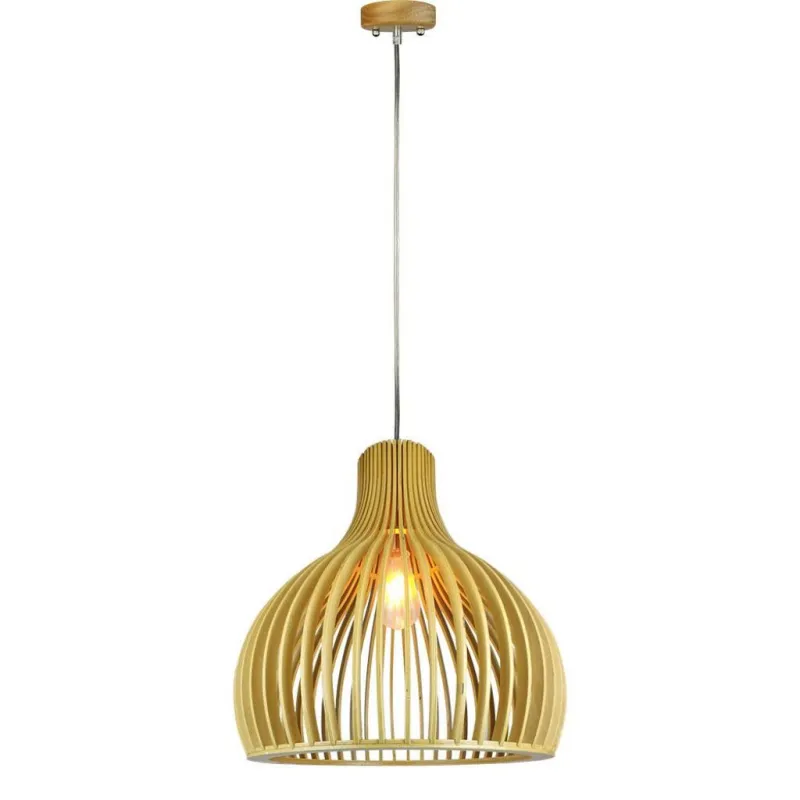 Wooden Pendant Light with Chrome Decorative Cap + Canopy + Lampshade Round D350*450mm