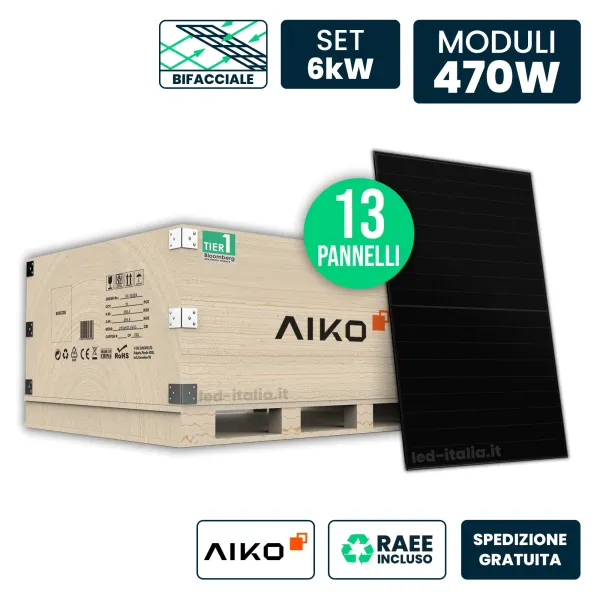 Set 6kW con 13 Pannelli Solari AIKO 470W TIER-1 N-Type ABC Bifacciale Full Black 1757x1134x30mm