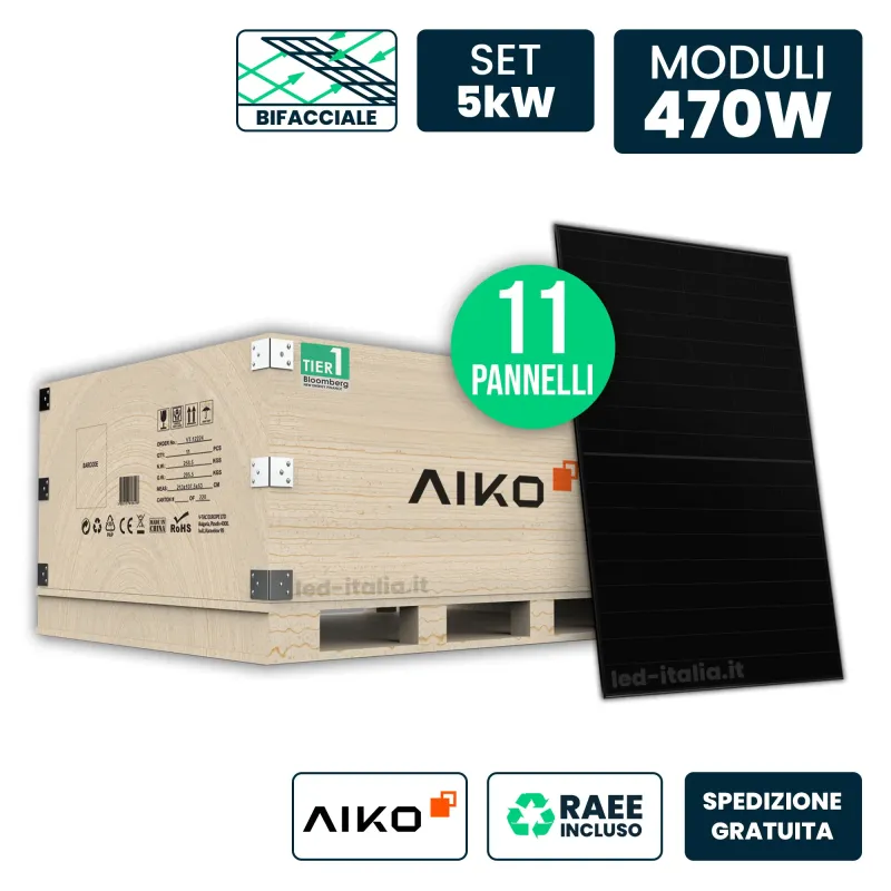 Set 5kW con 11 Pannelli Solari AIKO 470W TIER-1 N-Type ABC Bifacciali Full Black 1757x1134x30mm