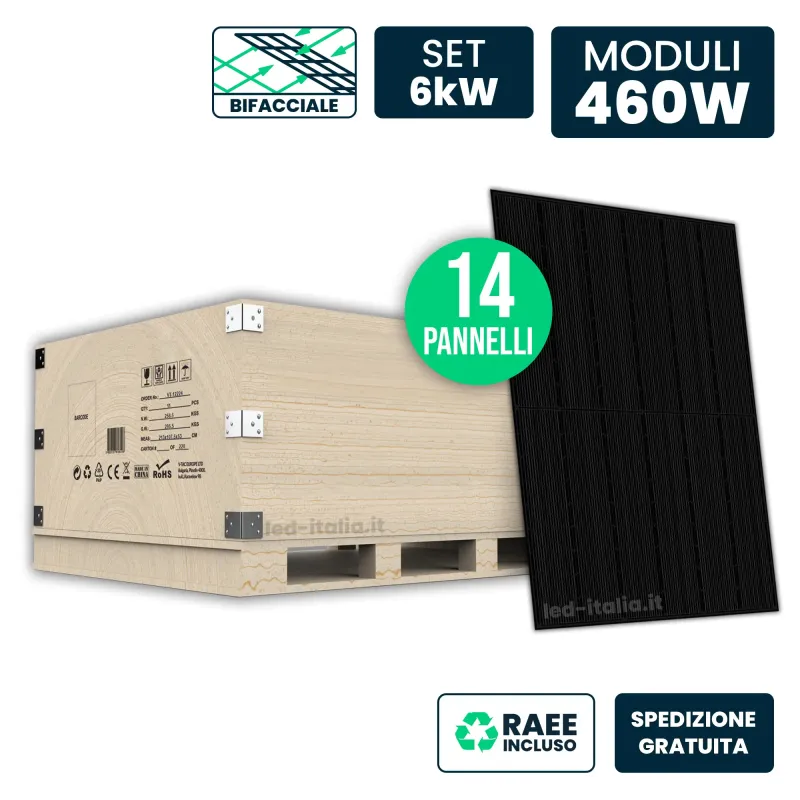 Set 6kW con 14 Pannelli Solari 460W Bifacciali TOPCon Full Black 1722x1134x30mm