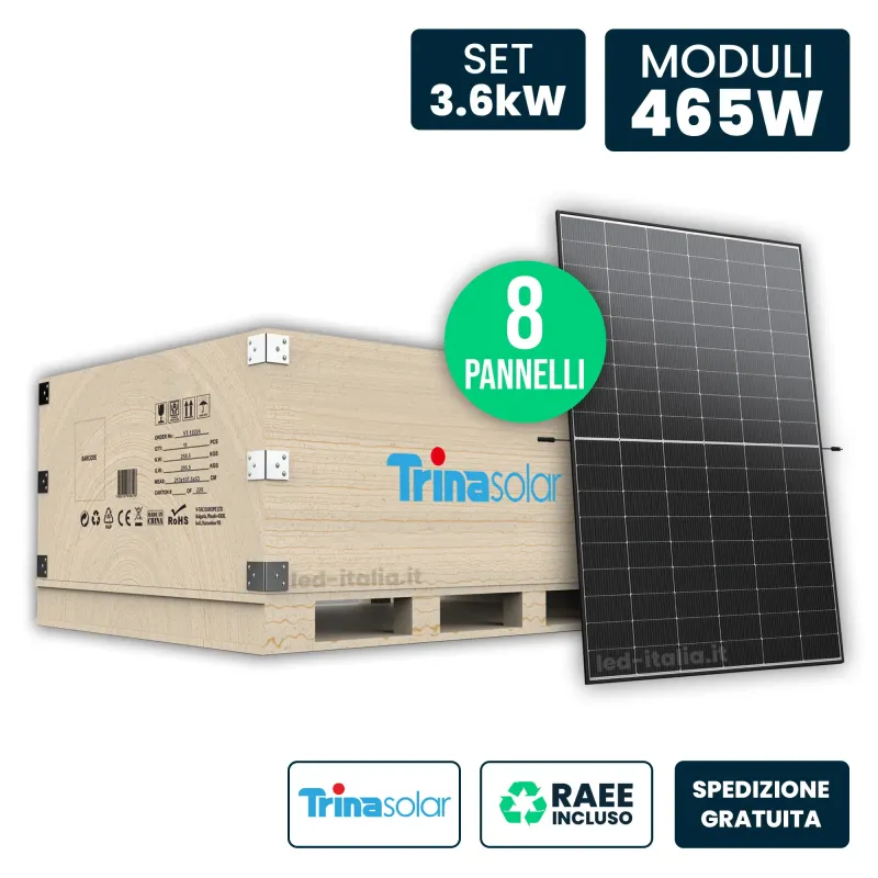 Set 3.6kW con 8 Pannelli Solari 465W Trina i-TOPCon Doppio Vetro Black Frame 1762x1134x30mm