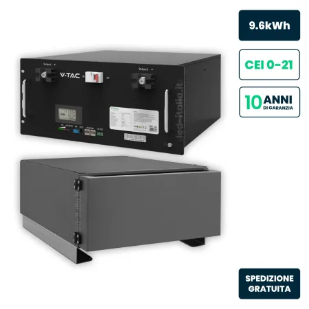 Kit Batteria Accumulo LV 9.6kWh LFP BMS Integrato per Inverter Fotovoltaici CEI 0-21 48V 200Ah con Modulo Armadio Rack PRO Grigi