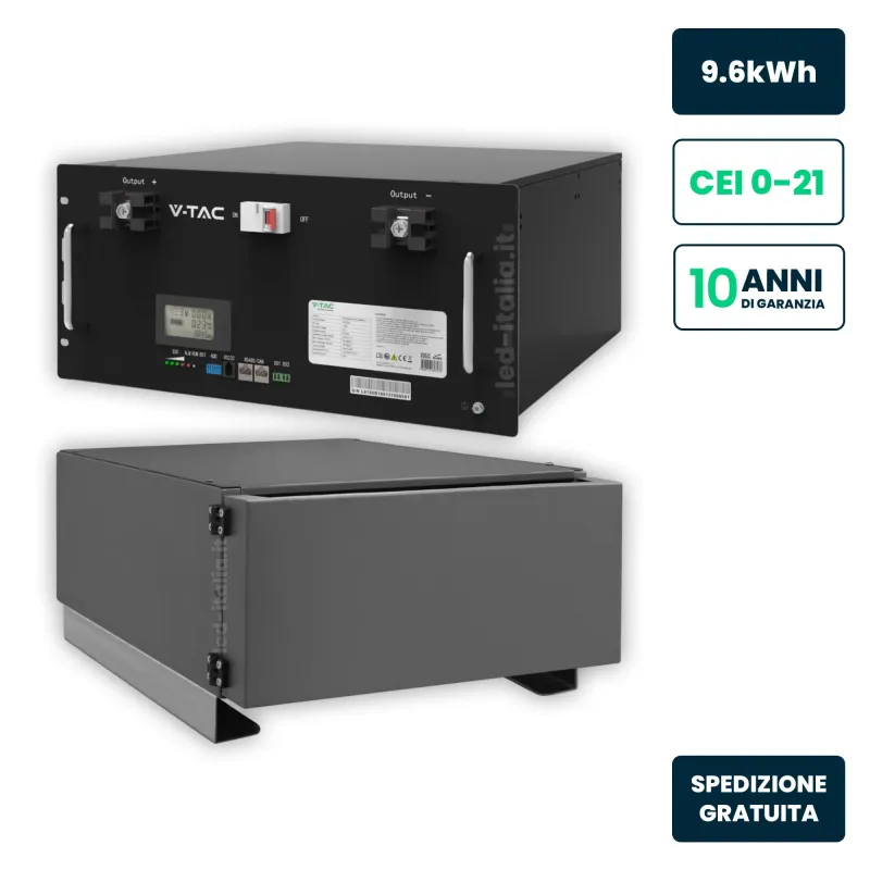 Kit Batteria Accumulo LV 9.6kWh LFP BMS Integrato per Inverter Fotovoltaici CEI 0-21 48V 200Ah con Modulo Armadio Rack PRO Grigi