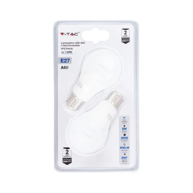 LED Bulb - 9W E27 A60 Thermoplastic 3Step Dimming 4000K (Blister 2 Pezzi)