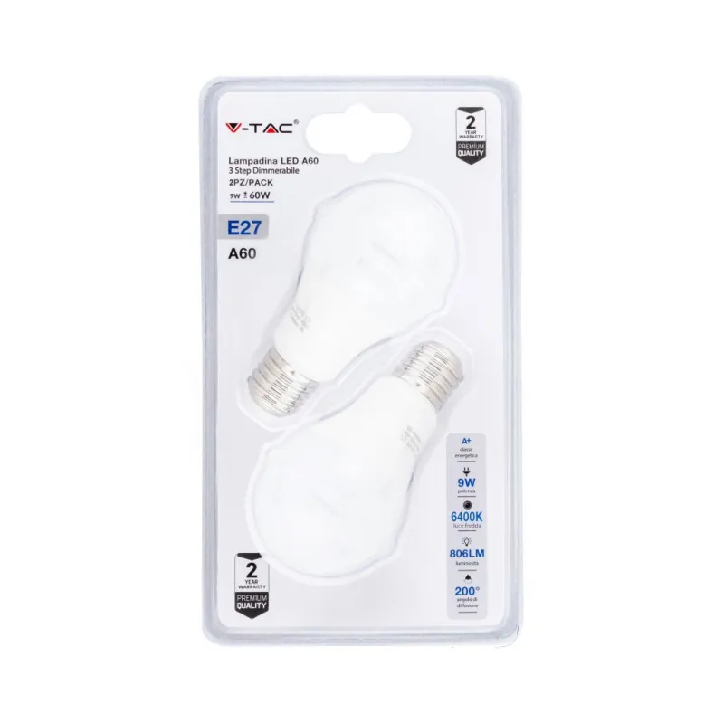 LED Bulb - 9W E27 A60 Thermoplastic 3Step Dimming 6400K (Blister 2 Pezzi)