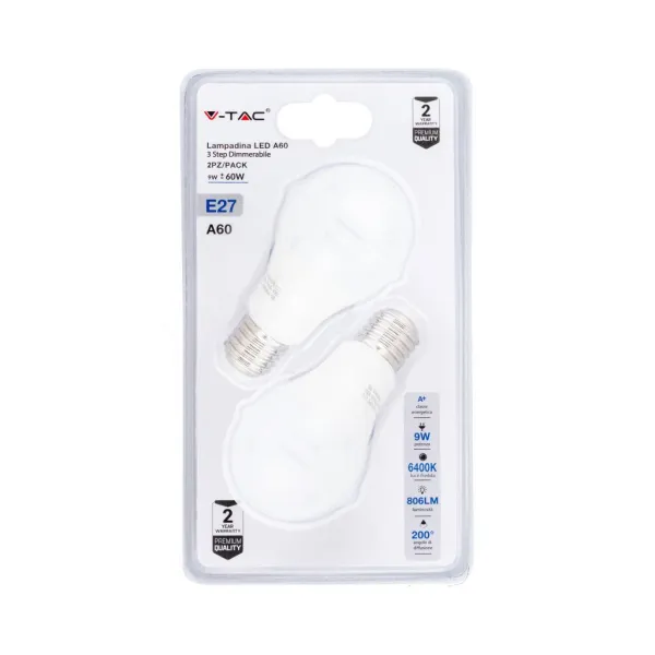 LED Bulb - 9W E27 A60 Thermoplastic 3Step Dimming 6400K (Blister 2 Pezzi)