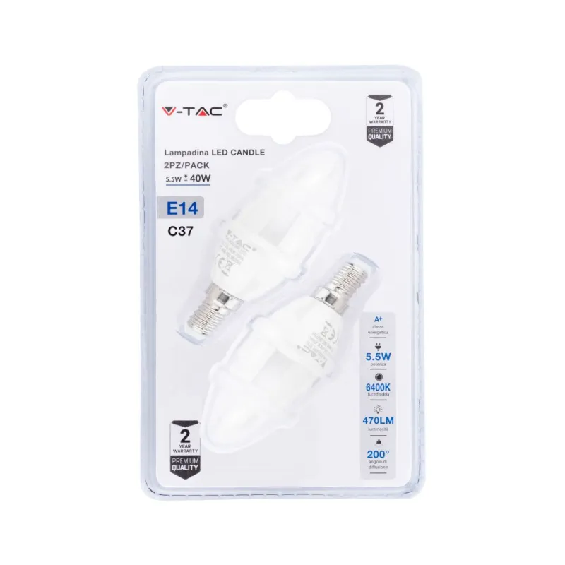 LED Bulb - 5.5W E14 Candle 6400K (Blister 2 pezzi)