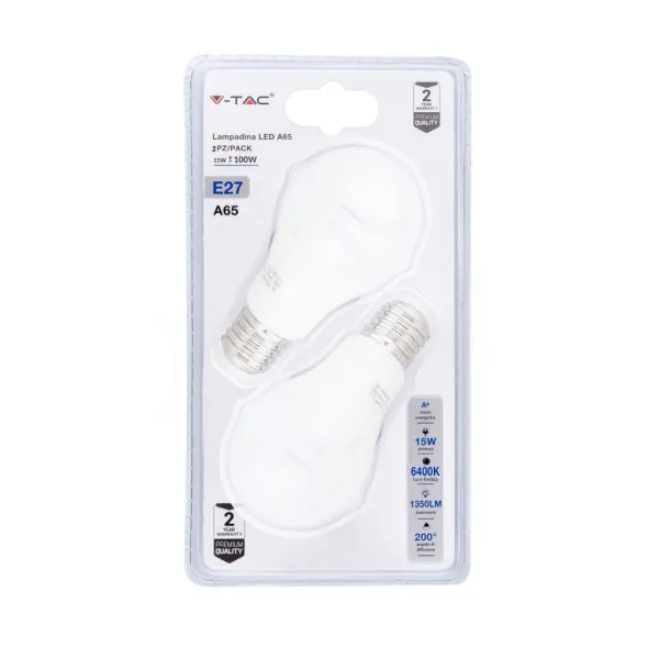 LED Bulb - 15W E27 A65 Thermoplastic 6400K (Blister 2 Pezzi)